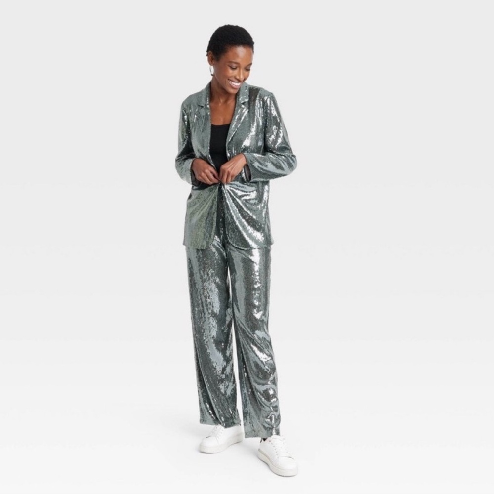 NWT A New Day Shimmering Silver Sequin Women's Blazer and Pant Two Piece Set